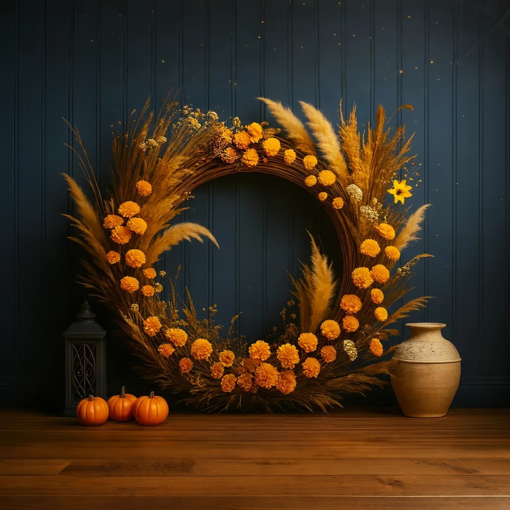 Pumpkin Backdrop Golden Wreath Rustic Charm Thanksgiving Backdrop UK LXX510-42