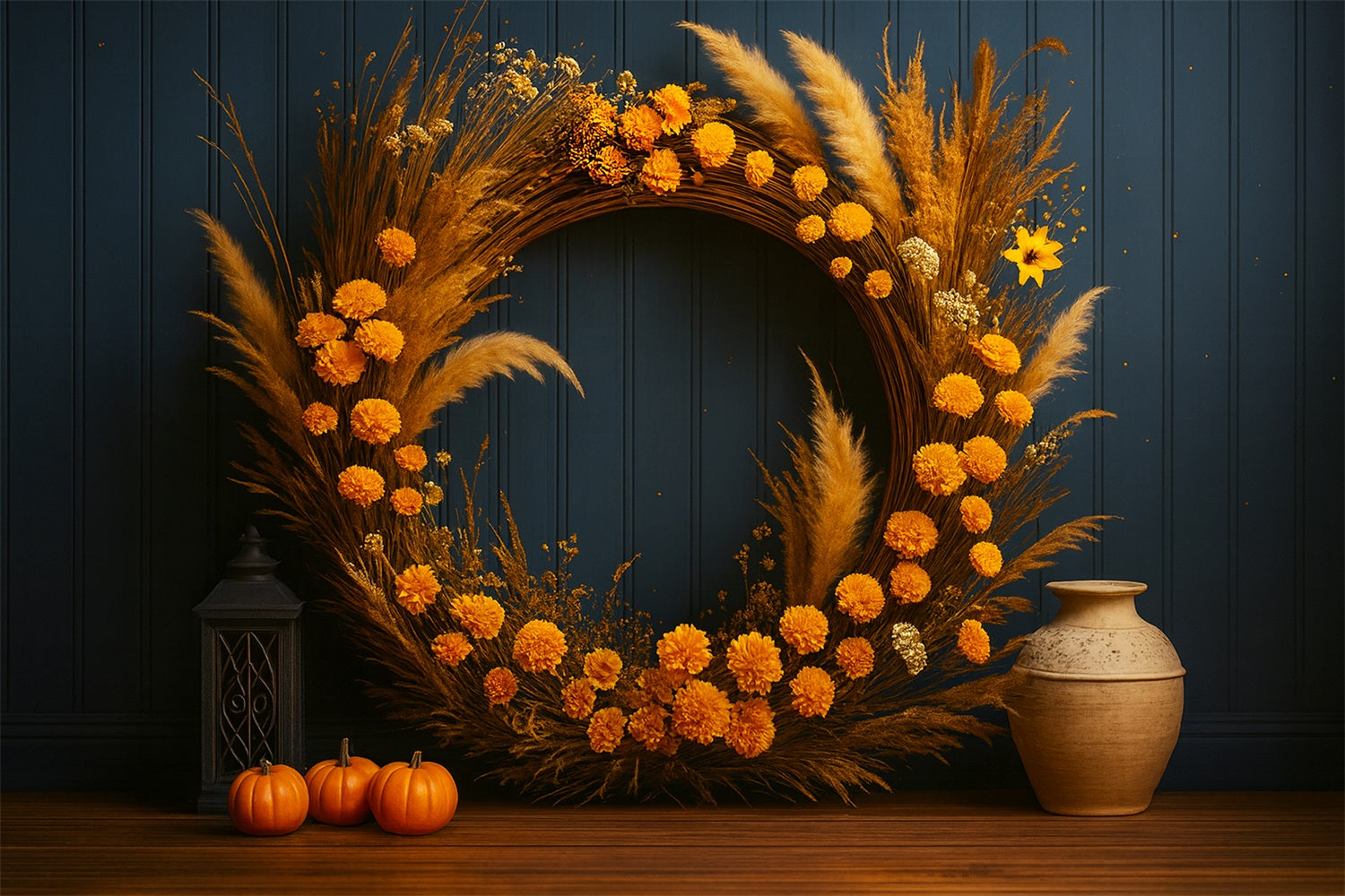 Pumpkin Backdrop Golden Wreath Rustic Charm Thanksgiving Backdrop UK LXX510-42