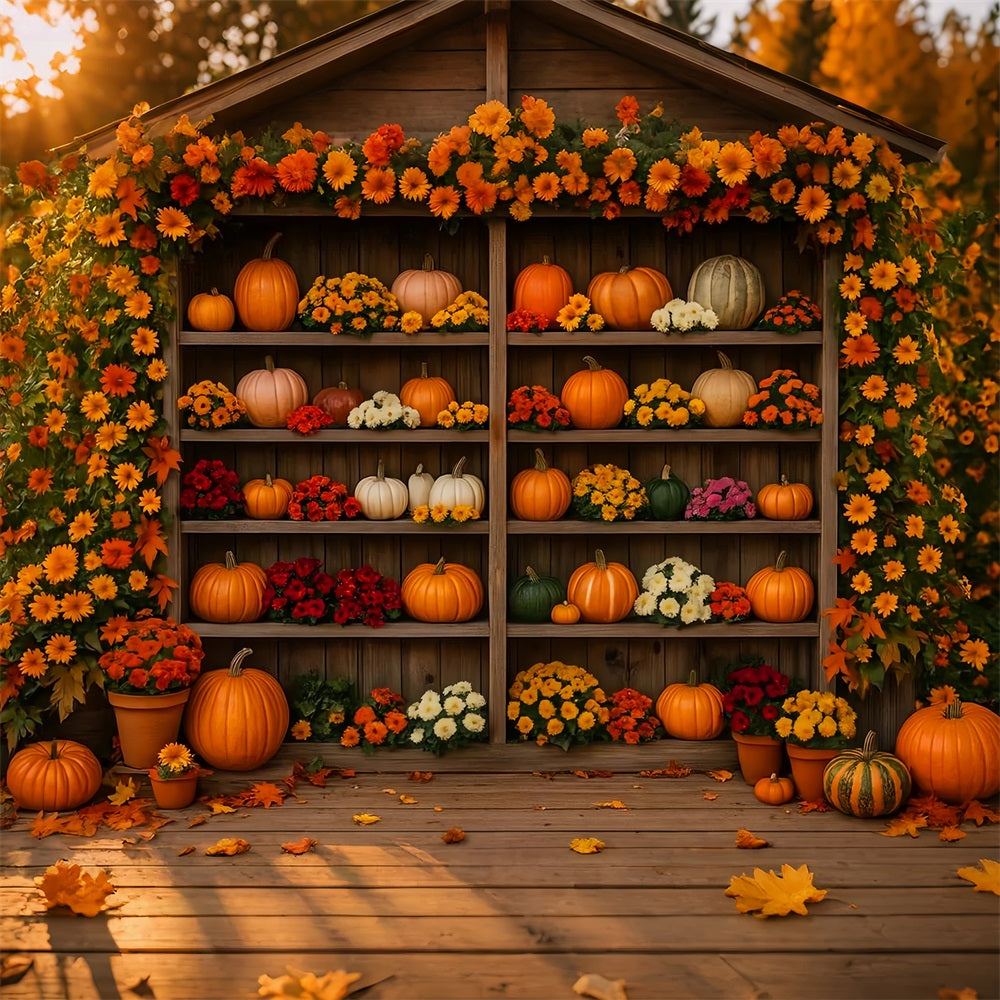 Farm Backdrop Blooming Pumpkin Floral Shelf Thanksgiving Photo Backdrop UK LXX510-49