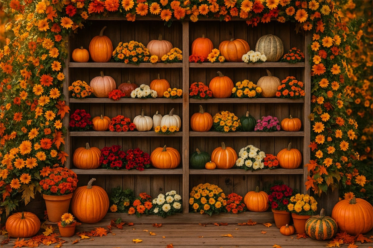 Farm Backdrop Blooming Pumpkin Floral Shelf Thanksgiving Photo Backdrop UK LXX510-49