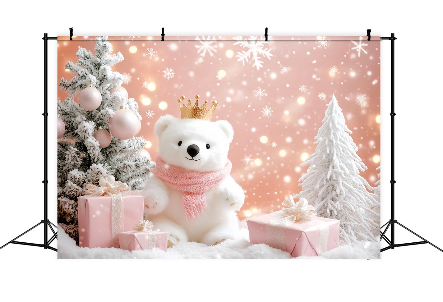 Snowflake Backdrop Pink Polar Bear Wonderland Winter Photography Backdrops UK LXX510-56