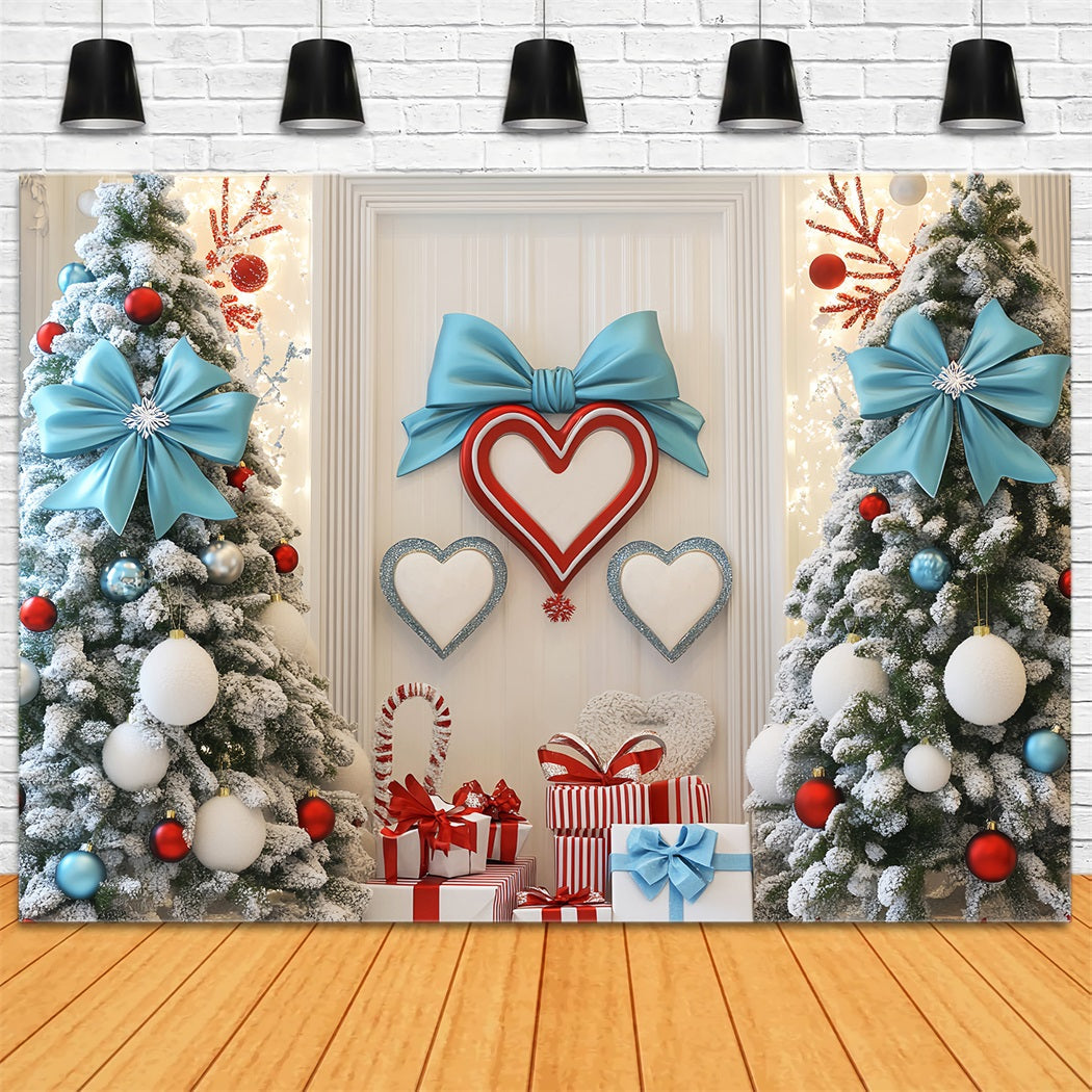 Winter Photo Backdrop Blue Bow Holiday Hearts Winter Backdrops UK LXX510-58