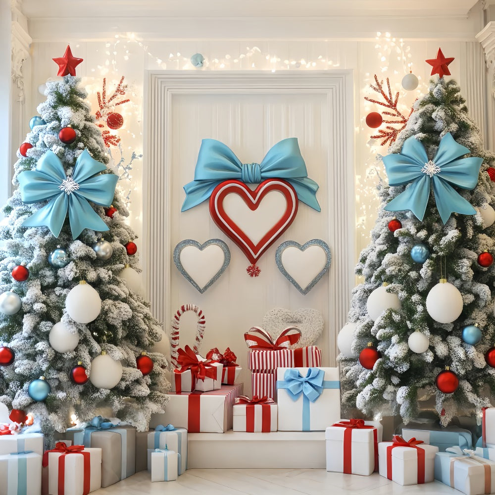 Winter Photo Backdrop Blue Bow Holiday Hearts Winter Backdrops UK LXX510-58