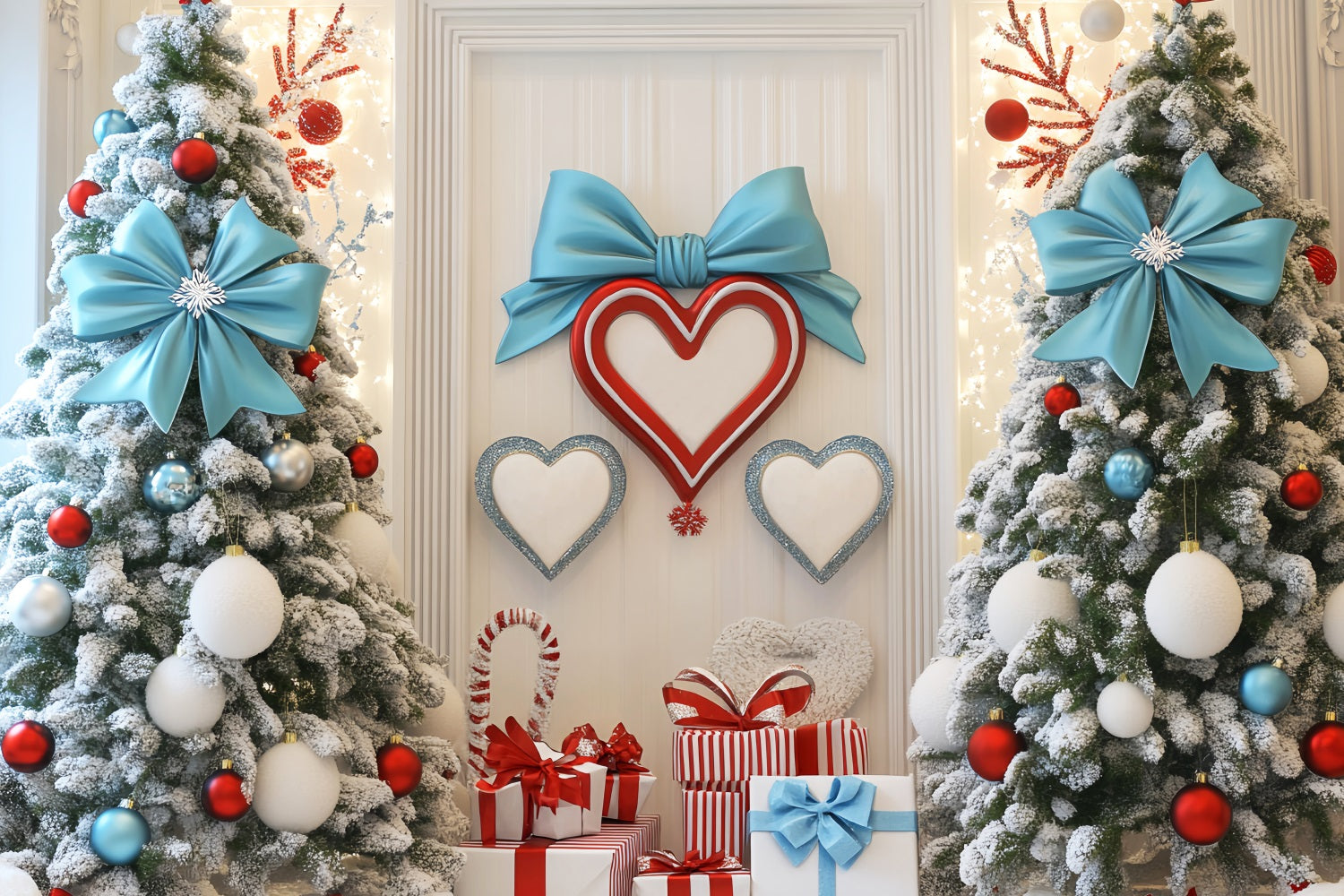 Winter Photo Backdrop Blue Bow Holiday Hearts Winter Backdrops UK LXX510-58