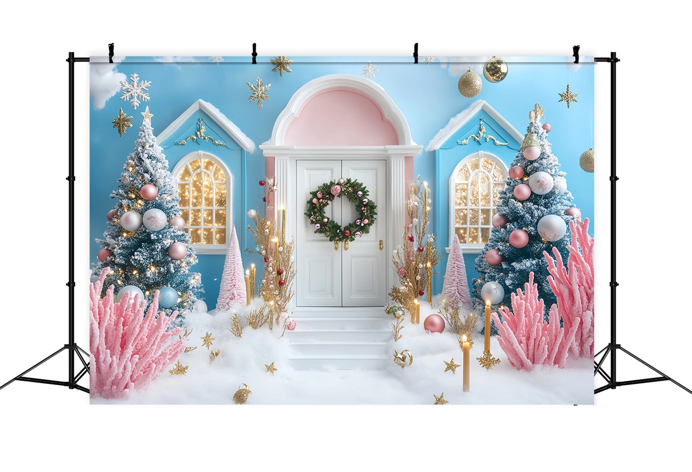 Winter Backdrop Pink Blue Christmas Snow Door Winter Photography Backdrops UK LXX510-66