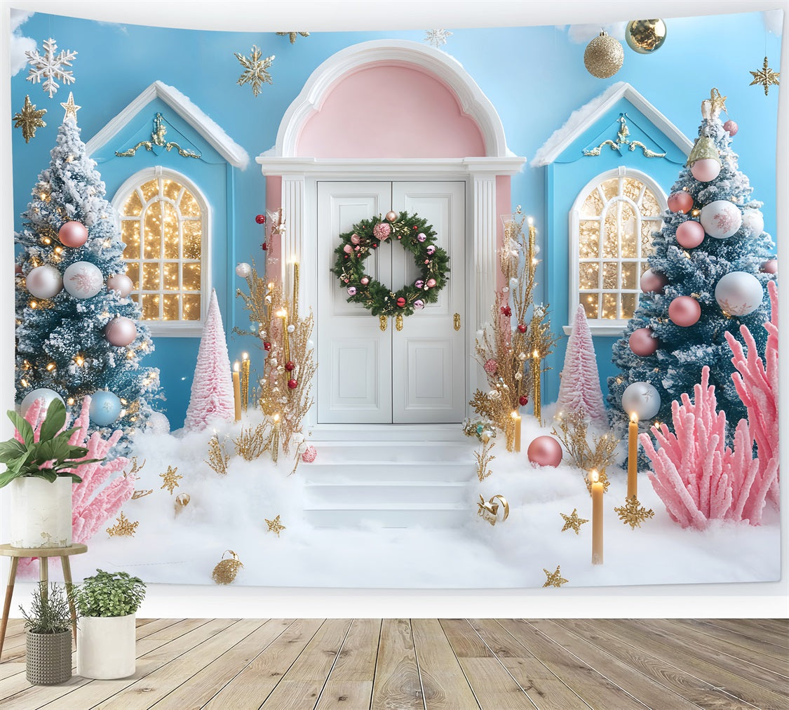 Winter Backdrop Pink Blue Christmas Snow Door Winter Photography Backdrops UK LXX510-66