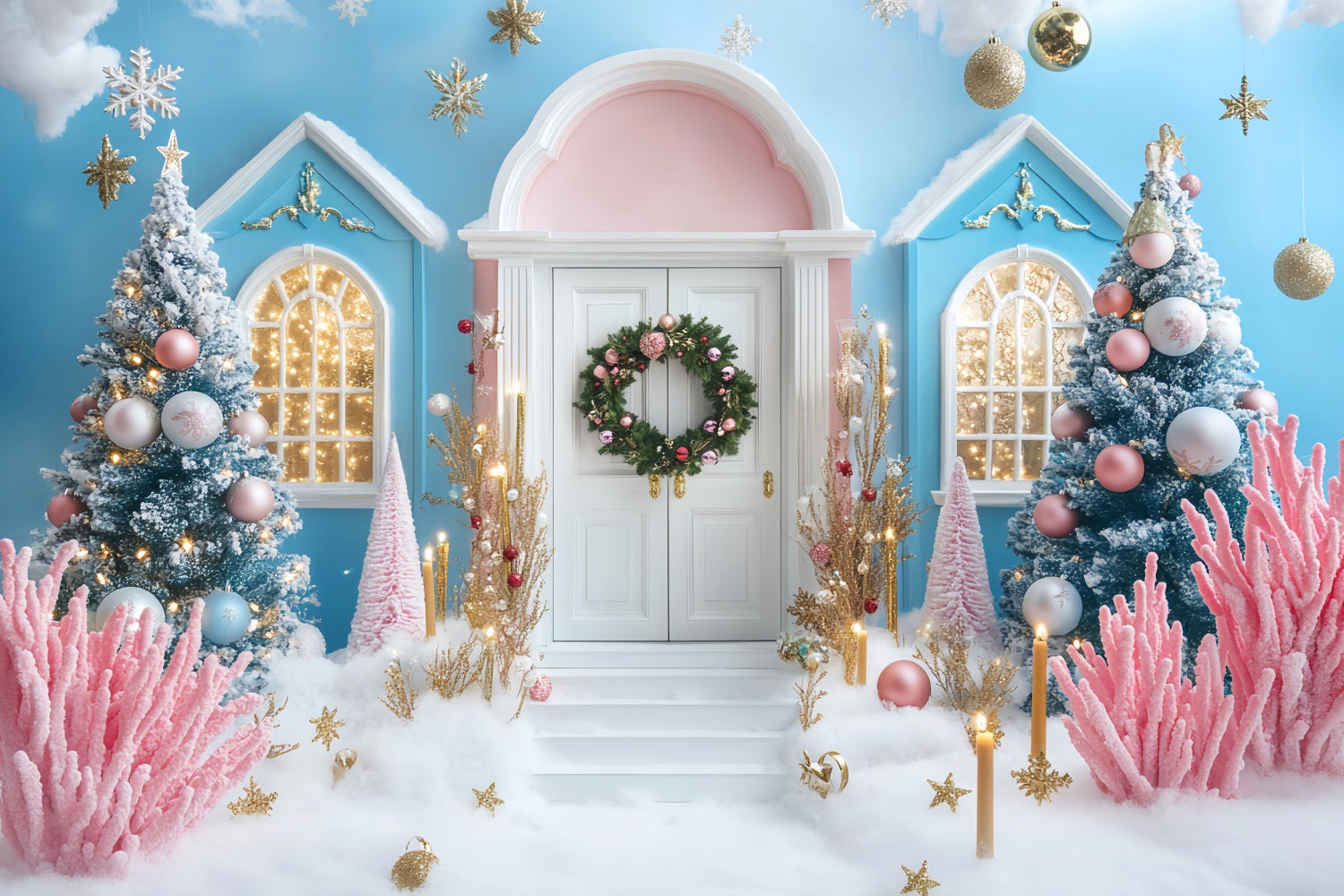 Winter Backdrop Pink Blue Christmas Snow Door Winter Photography Backdrops UK LXX510-66