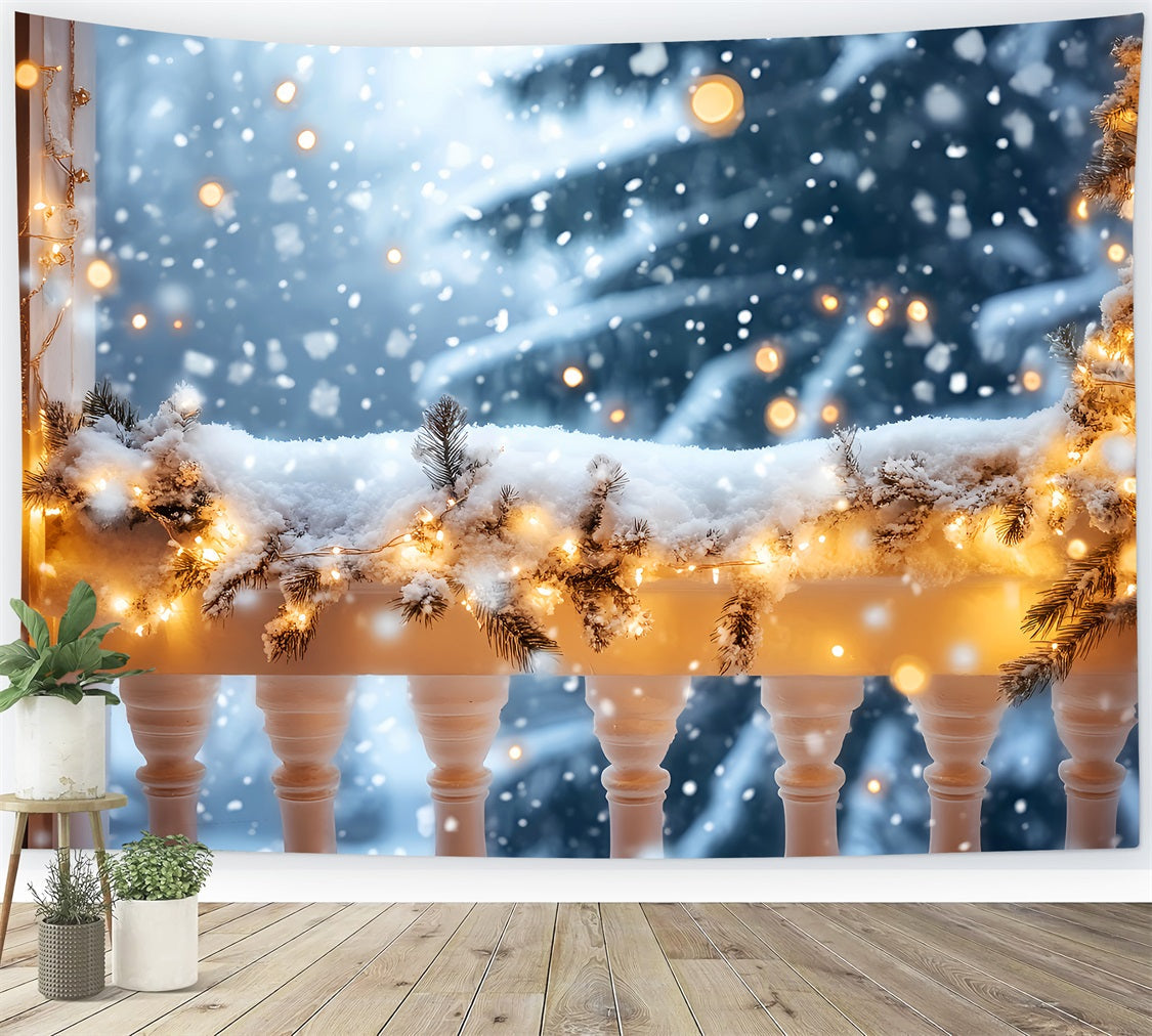 Winter Snow Backdrop Snowy Balcony Golden Lights Winter Backdrops UK LXX510-73