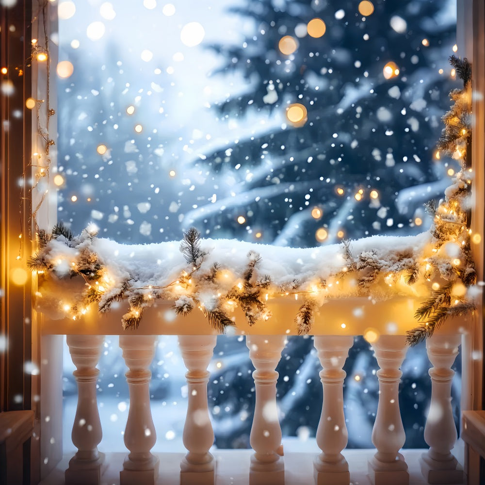 Winter Snow Backdrop Snowy Balcony Golden Lights Winter Backdrops UK LXX510-73