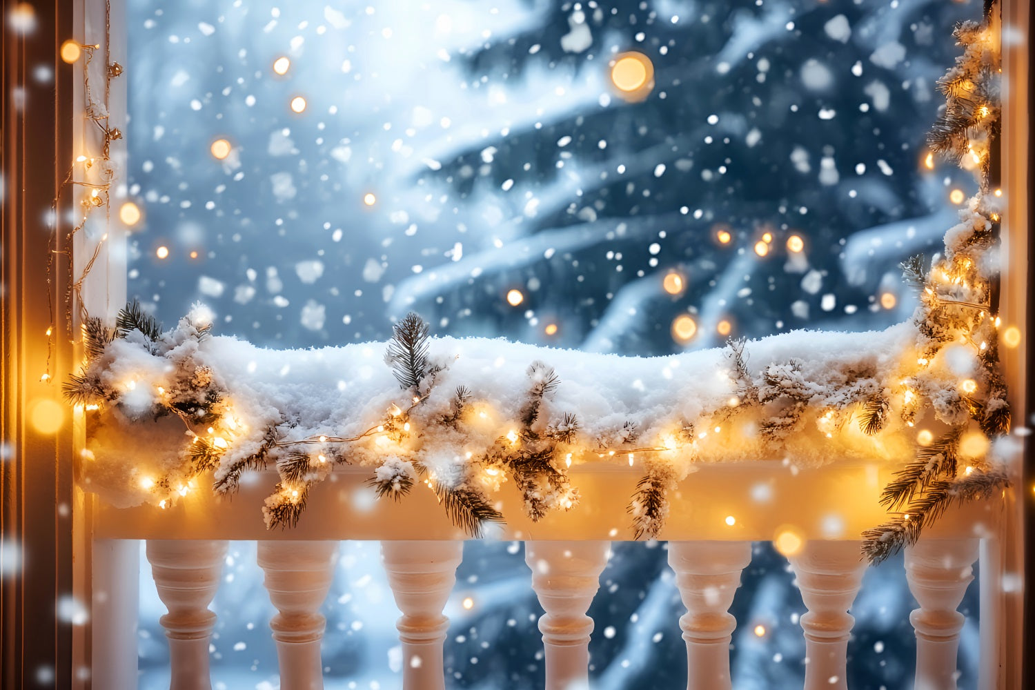 Winter Snow Backdrop Snowy Balcony Golden Lights Winter Backdrops UK LXX510-73