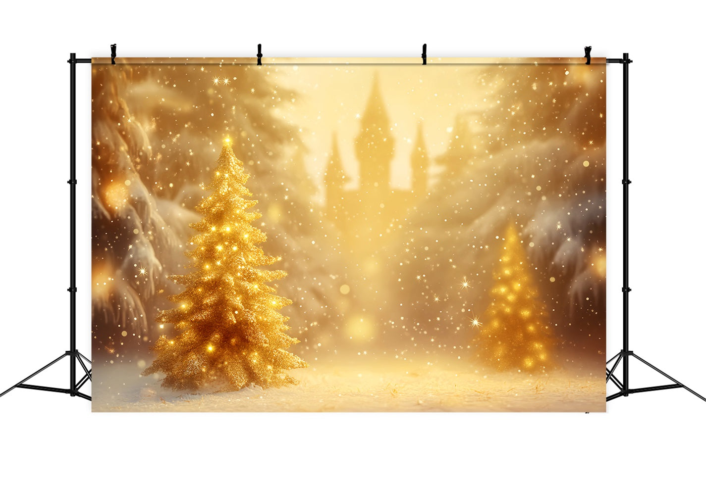 Winter Forest Backdrop Golden Christmas Tree Glow Winter Photo Backdrops UK LXX510-74