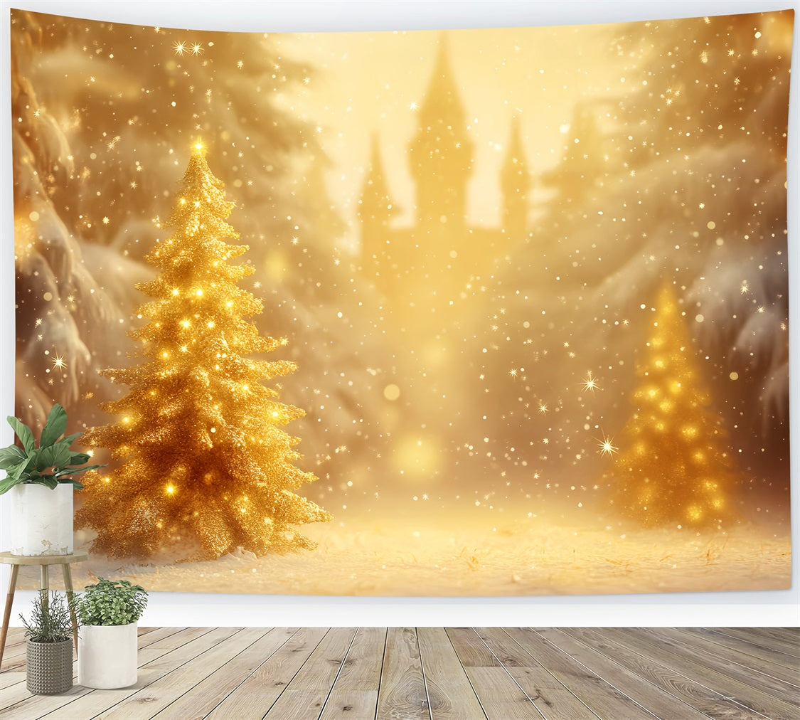 Winter Forest Backdrop Golden Christmas Tree Glow Winter Photo Backdrops UK LXX510-74