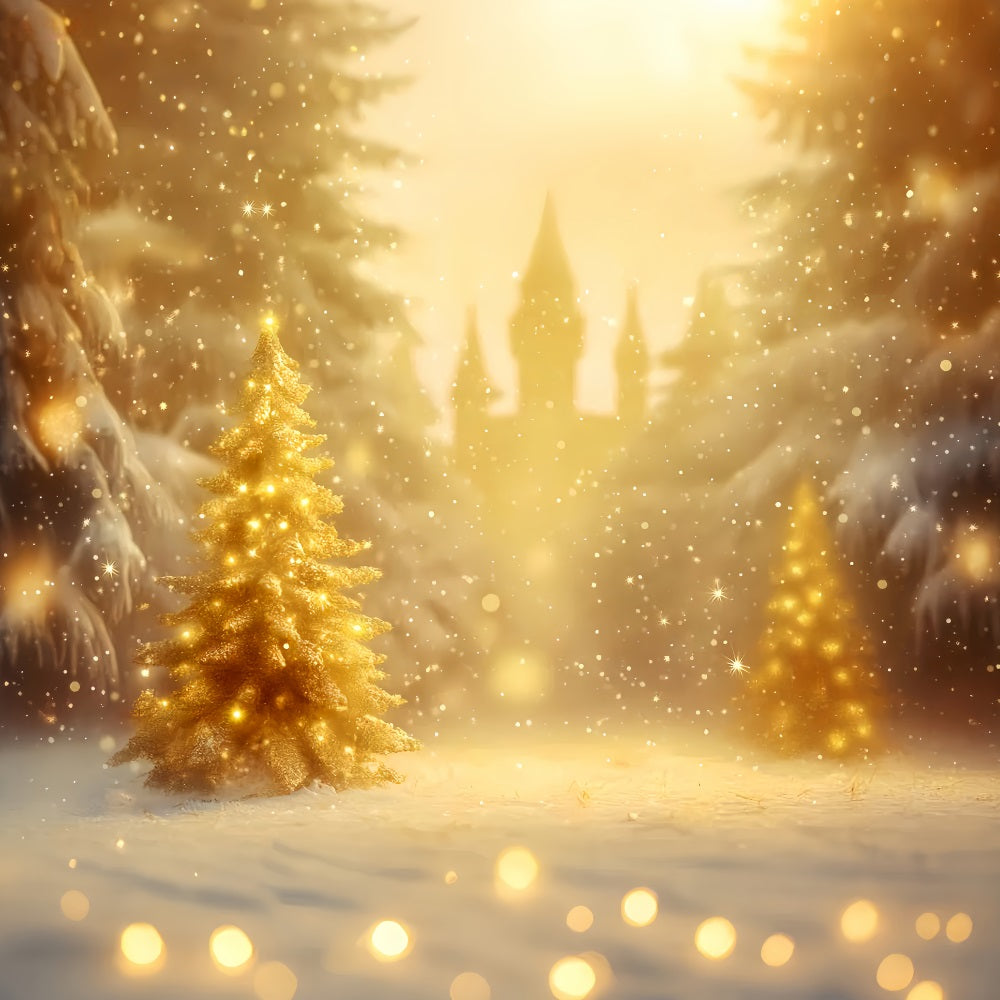 Winter Forest Backdrop Golden Christmas Tree Glow Winter Photo Backdrops UK LXX510-74