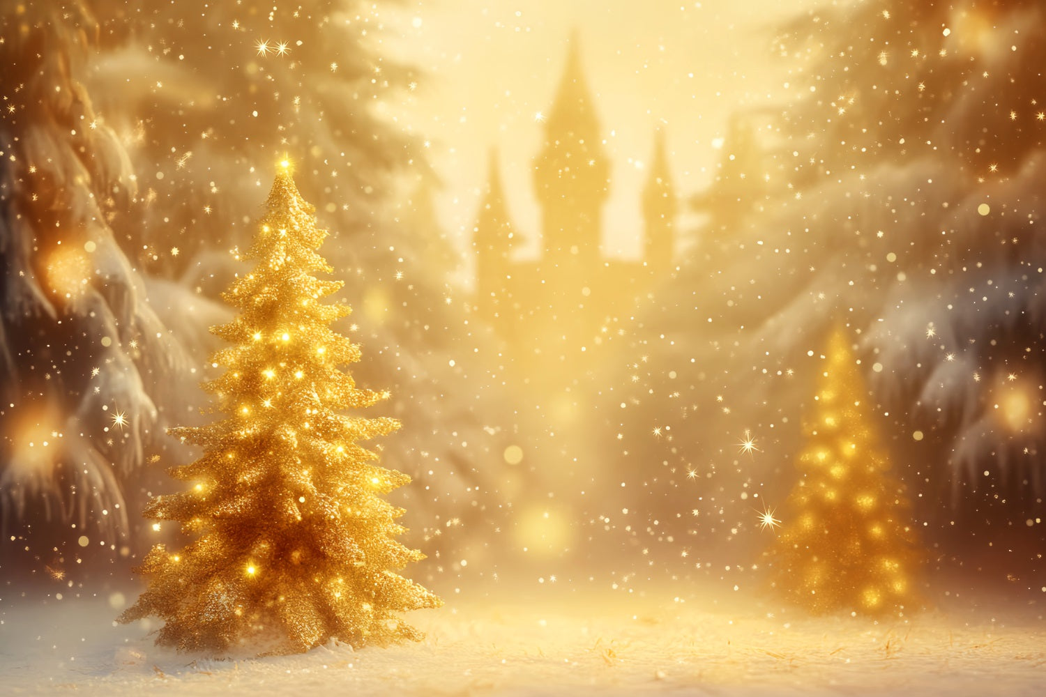 Winter Forest Backdrop Golden Christmas Tree Glow Winter Photo Backdrops UK LXX510-74