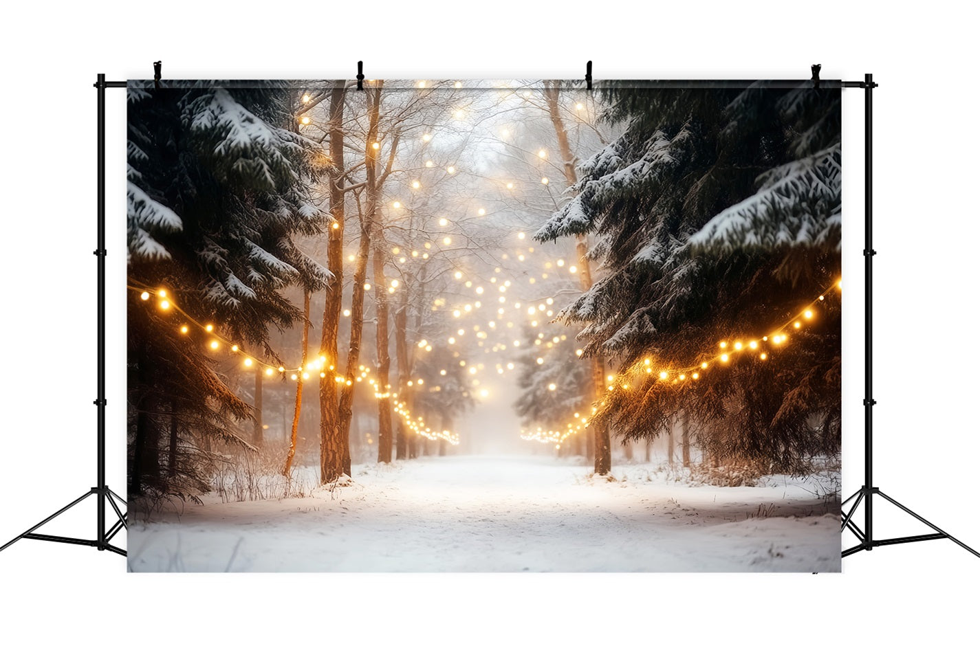Winter Forest Backdrop Snowy Forest String Lights Winter Photo Backdrops UK LXX510-75