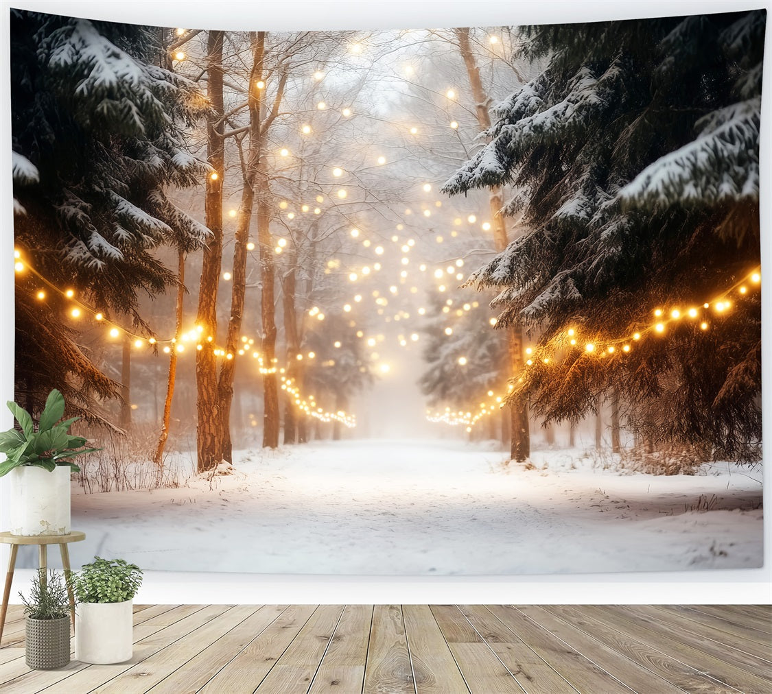Winter Forest Backdrop Snowy Forest String Lights Winter Photo Backdrops UK LXX510-75