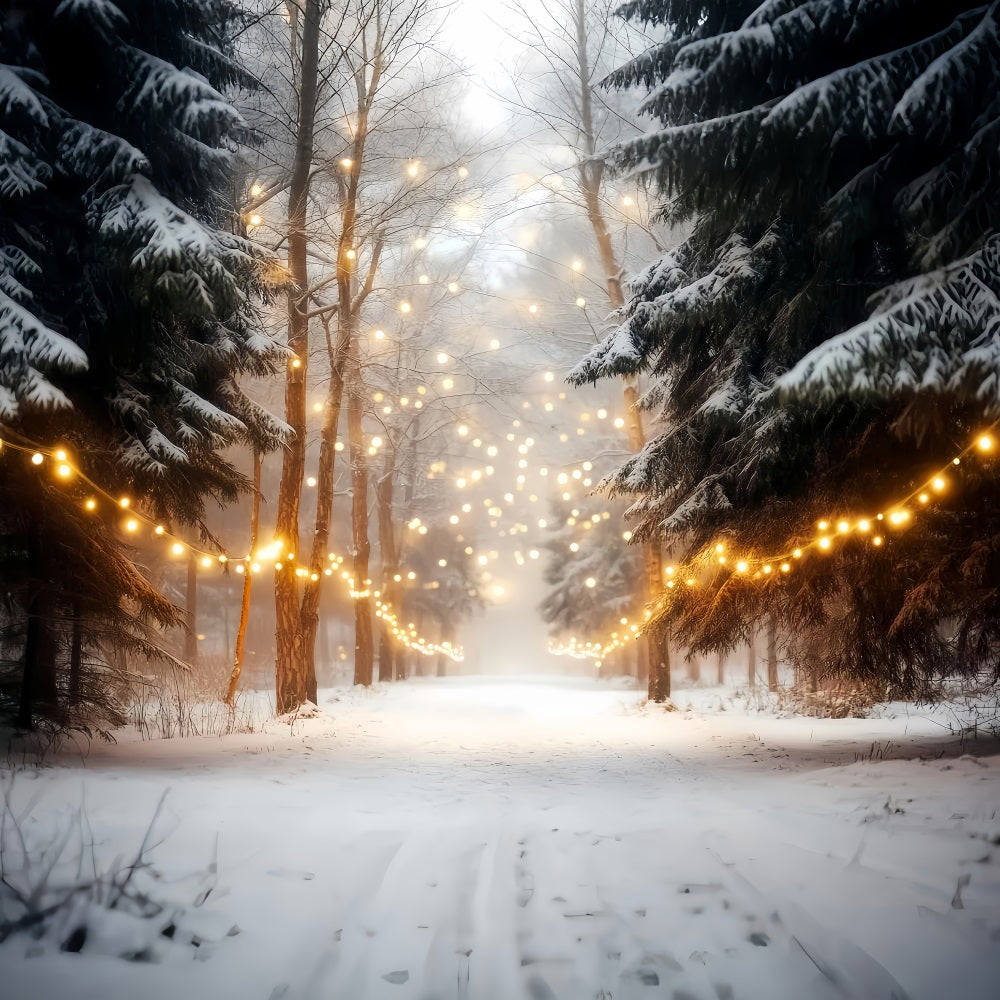 Winter Forest Backdrop Snowy Forest String Lights Winter Photo Backdrops UK LXX510-75