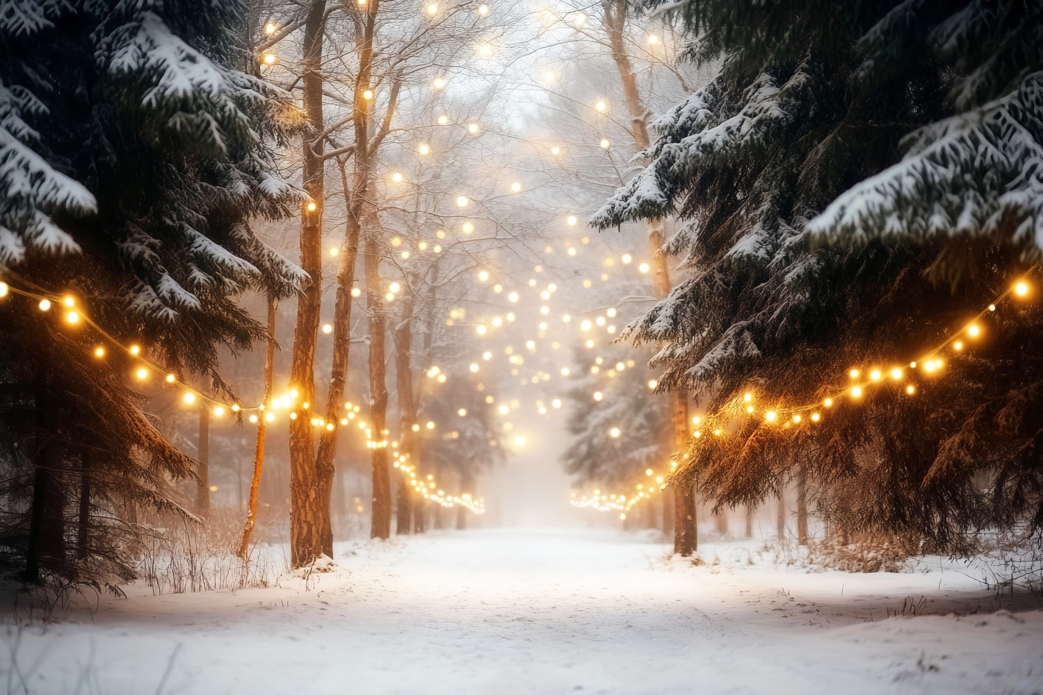 Winter Forest Backdrop Snowy Forest String Lights Winter Photo Backdrops UK LXX510-75