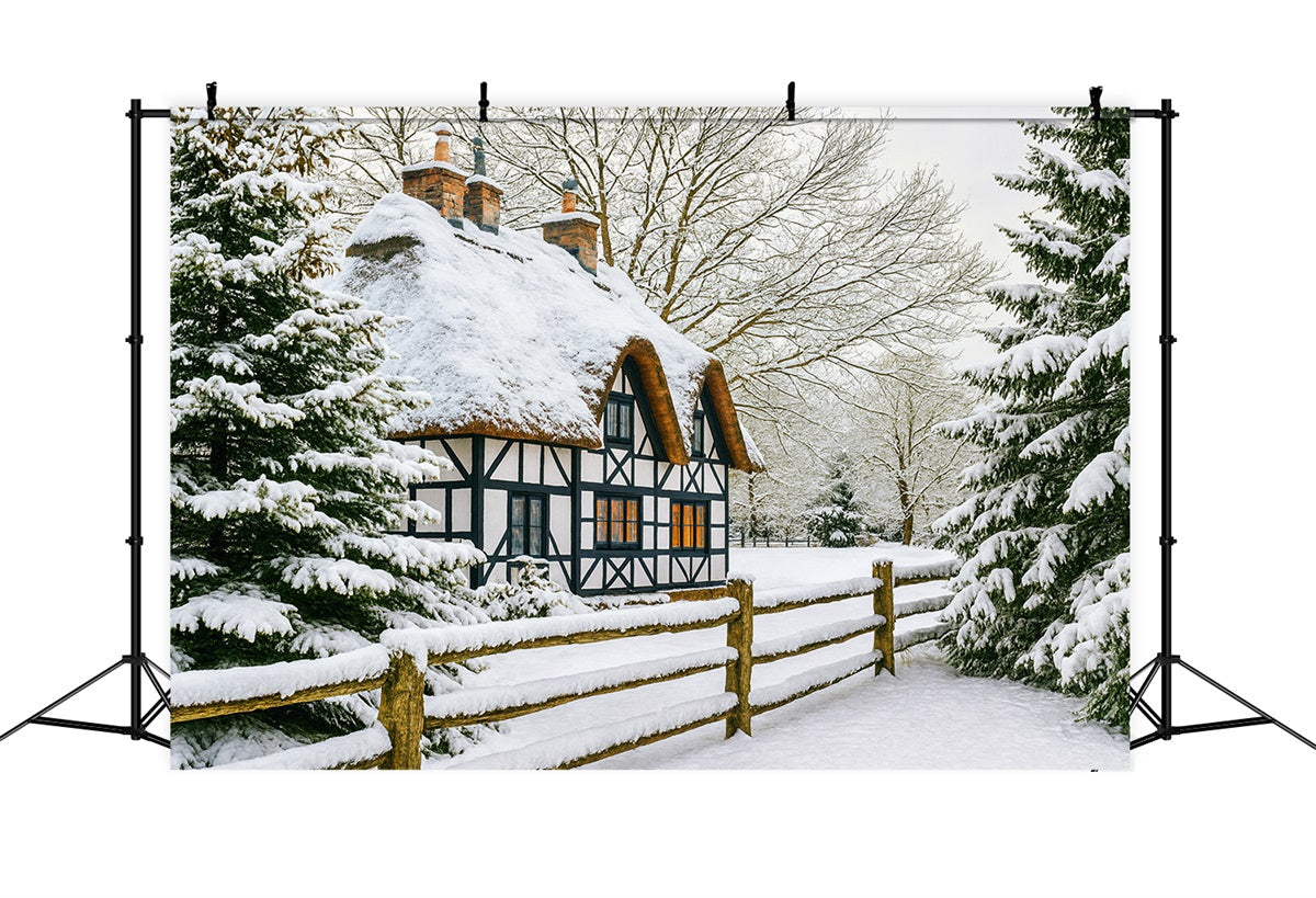 Winter Wonderland Backdrop Snow Cottage Pine Forest Winter Backdrop UK LXX510-82