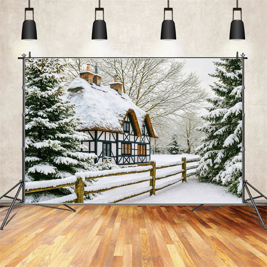 Winter Wonderland Backdrop Snow Cottage Pine Forest Winter Backdrop UK LXX510-82