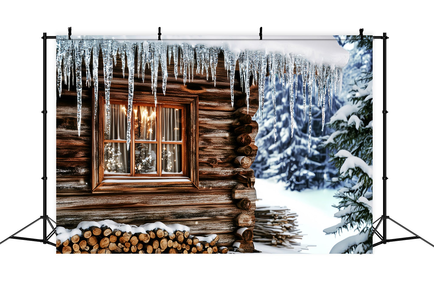 Winter Photo Backdrop Cozy Cabin Icicle Window Winter Backdrop UK LXX510-84
