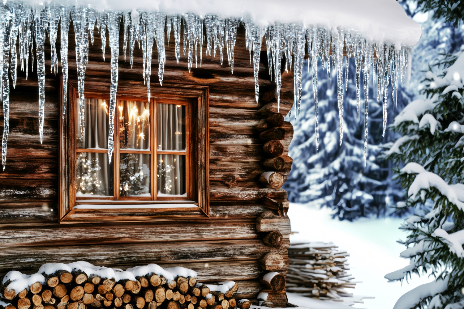Winter Photo Backdrop Cozy Cabin Icicle Window Winter Backdrop UK LXX510-84
