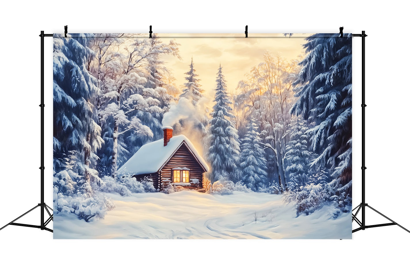 Winter Wonderland Backdrop Snow Cabin Forest Glow Winter Photo Backdrops UK LXX510-85