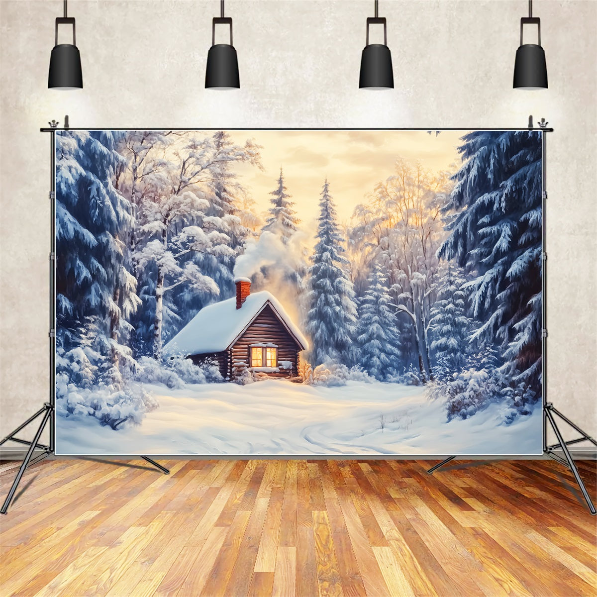 Winter Wonderland Backdrop Snow Cabin Forest Glow Winter Photo Backdrops UK LXX510-85