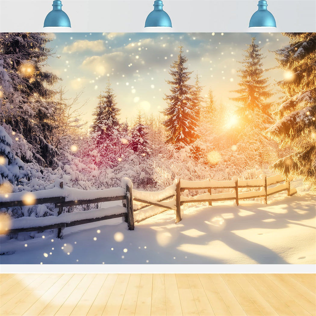 Wonderland Backdrop Sparkling Sunset Snow Fence Winter Photo Backdrops UK LXX510-99