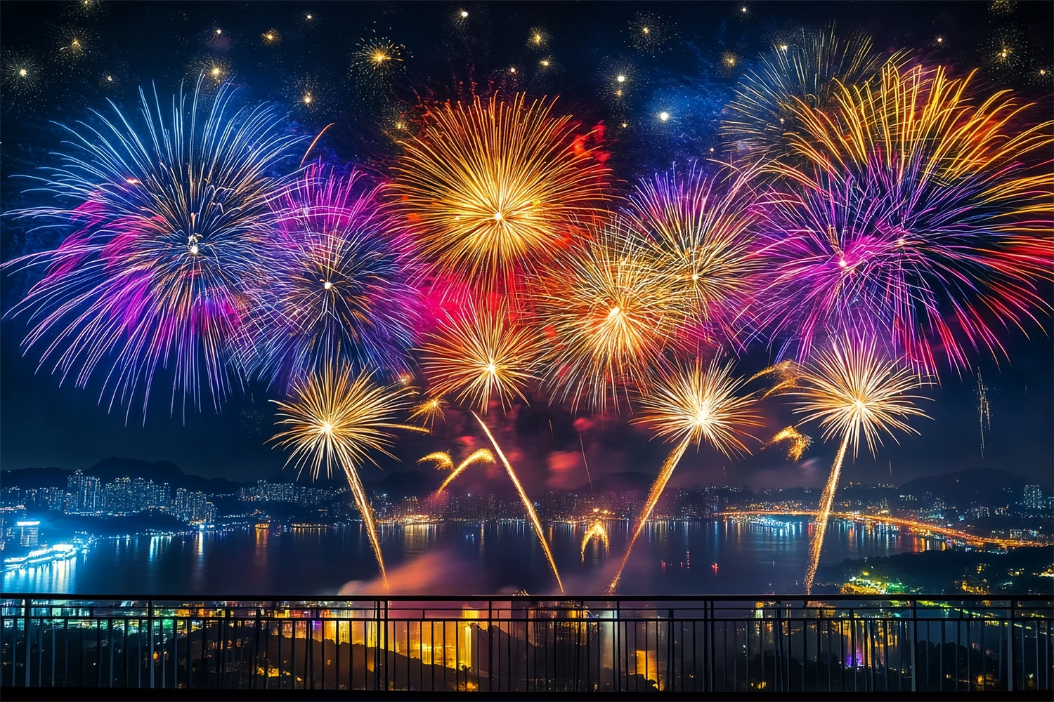 New Years Backdrop Vibrant Fireworks Harbor Panorama City Night Backdrop UK LXX512-11