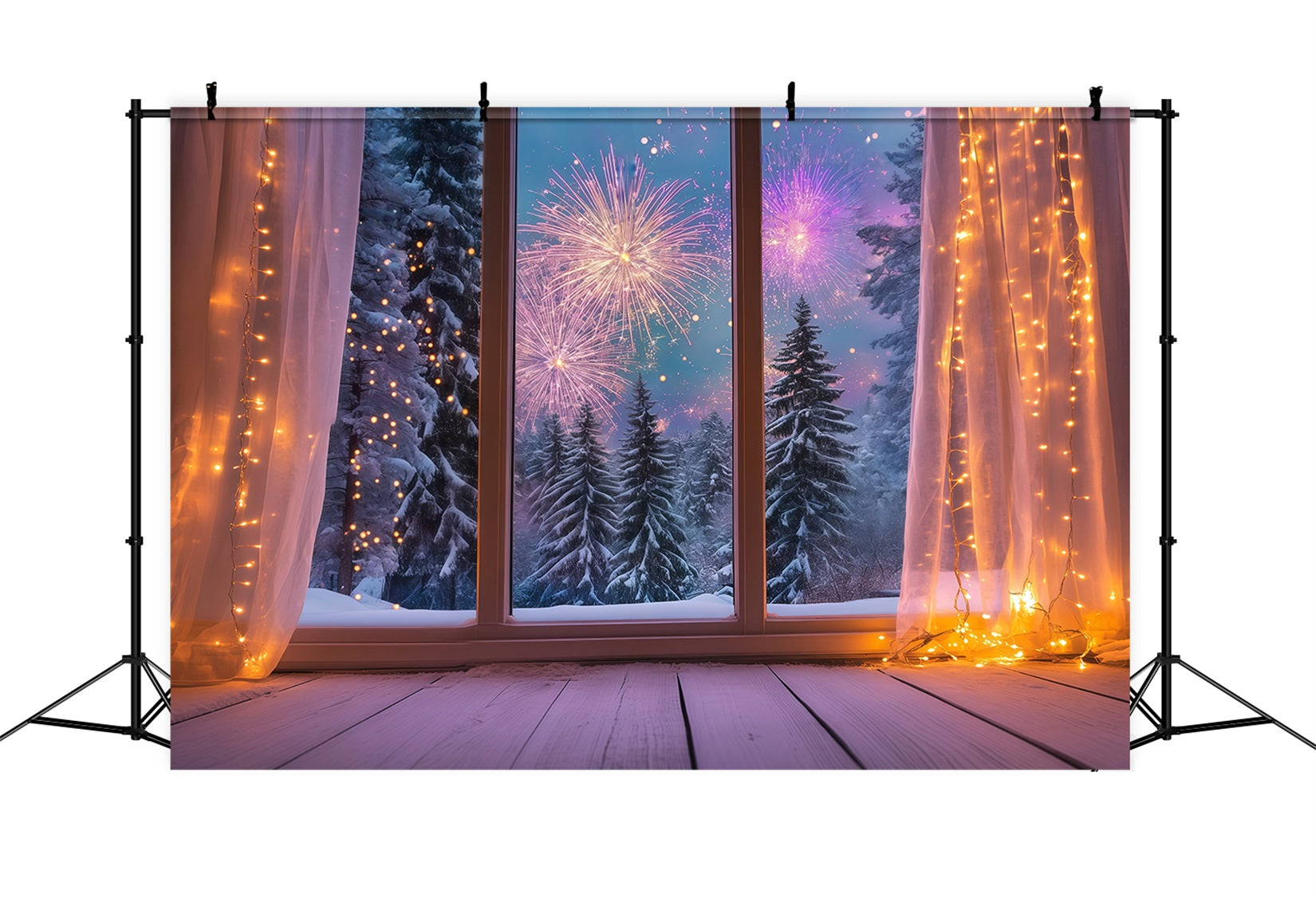 New Year Backdrop Cozy Winter Window Fireworks New Year's Eve Backdrop UK LXX512-12