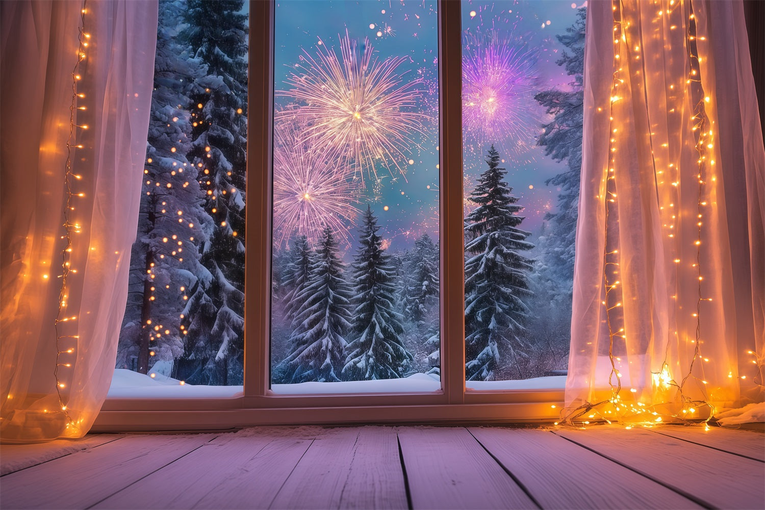 New Year Backdrop Cozy Winter Window Fireworks New Year's Eve Backdrop UK LXX512-12