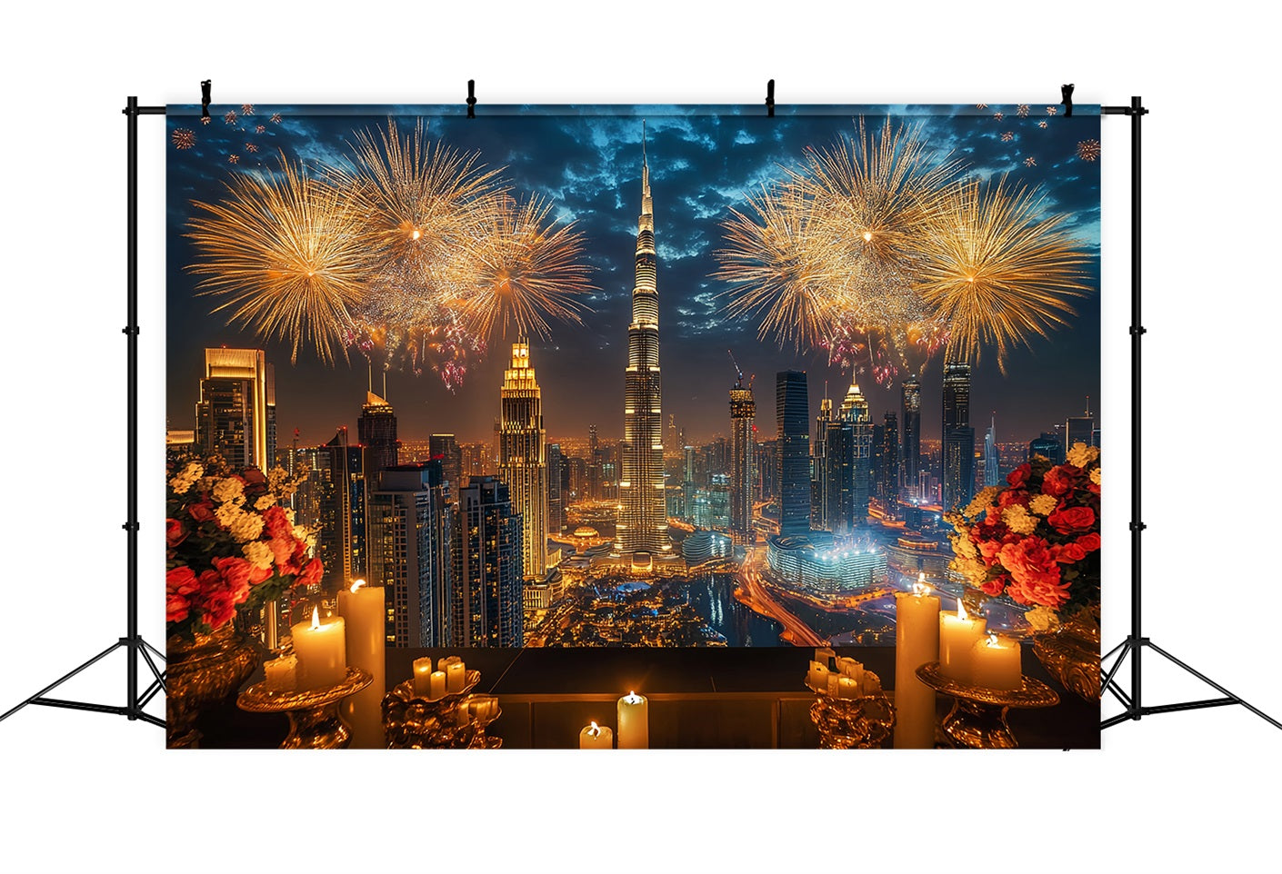 Happy New Year Backdrop Luxury City Skyline Fireworks City Night Backdrop UK LXX512-14