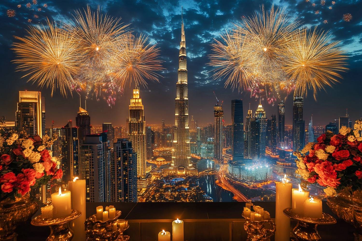 Happy New Year Backdrop Luxury City Skyline Fireworks City Night Backdrop UK LXX512-14