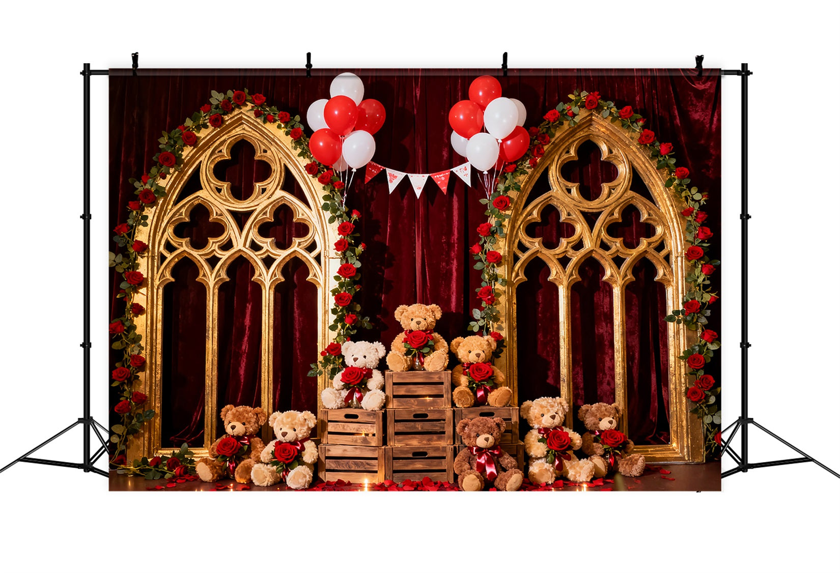 Romantic Backdrop Crimson Rose Balloon Teddy Floral Arch Valentine Backdrop UK LXX512-142