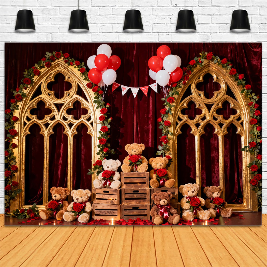 Romantic Backdrop Crimson Rose Balloon Teddy Floral Arch Valentine Backdrop UK LXX512-142