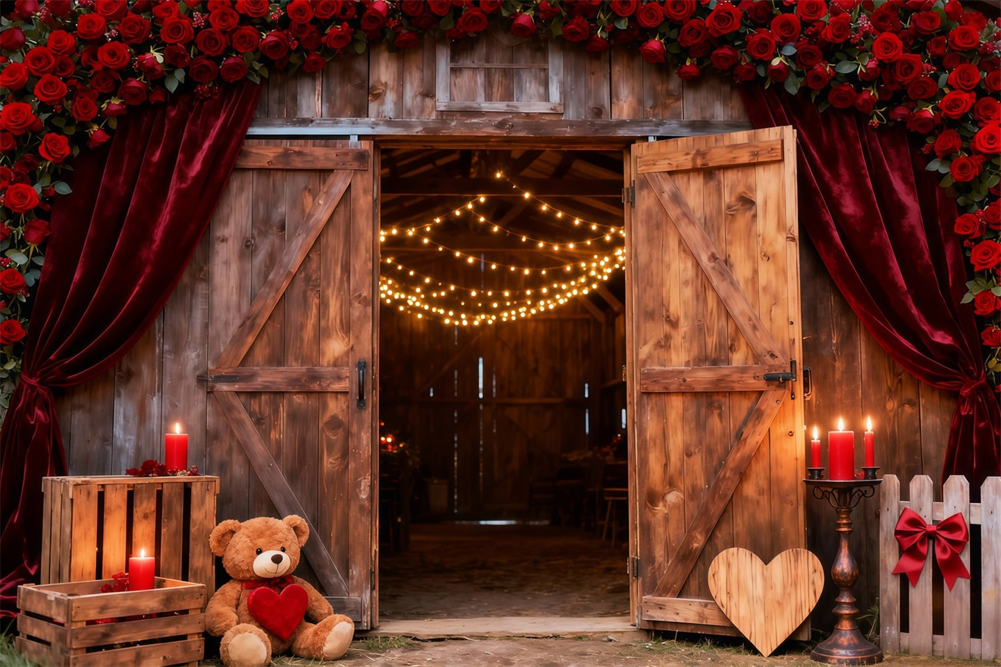 Floral Arch Valentine Backdrop Rustic Rose Barn Doors Glow Love Backdrops UK LXX512-154