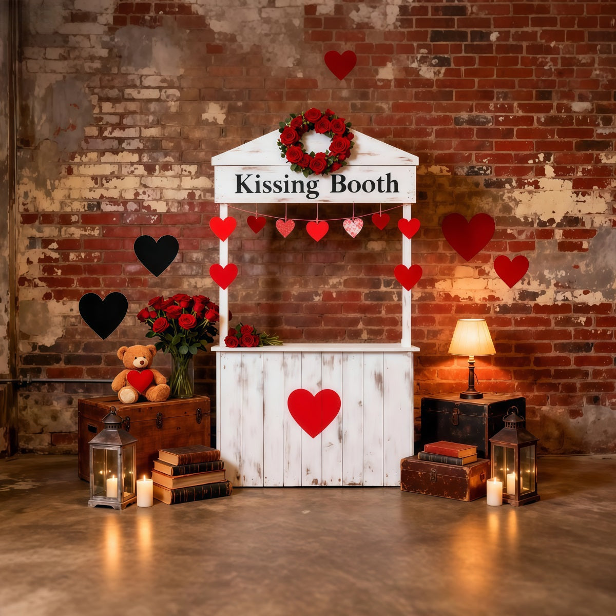 Heart Garland Backdrop Kissing Booth Brick Charm Valentine Photo Backdrop UK LXX512-156