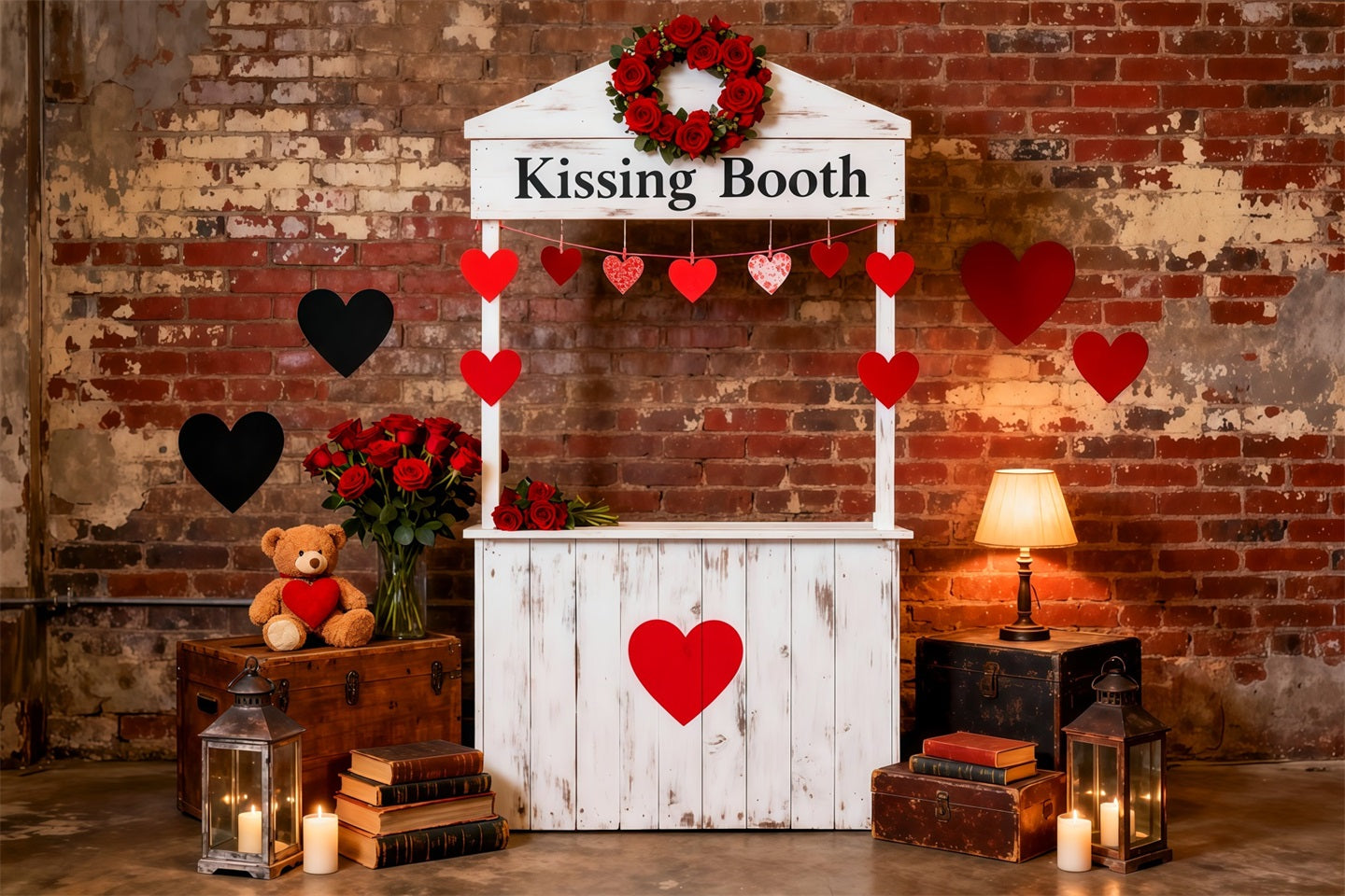 Heart Garland Backdrop Kissing Booth Brick Charm Valentine Photo Backdrop UK LXX512-156