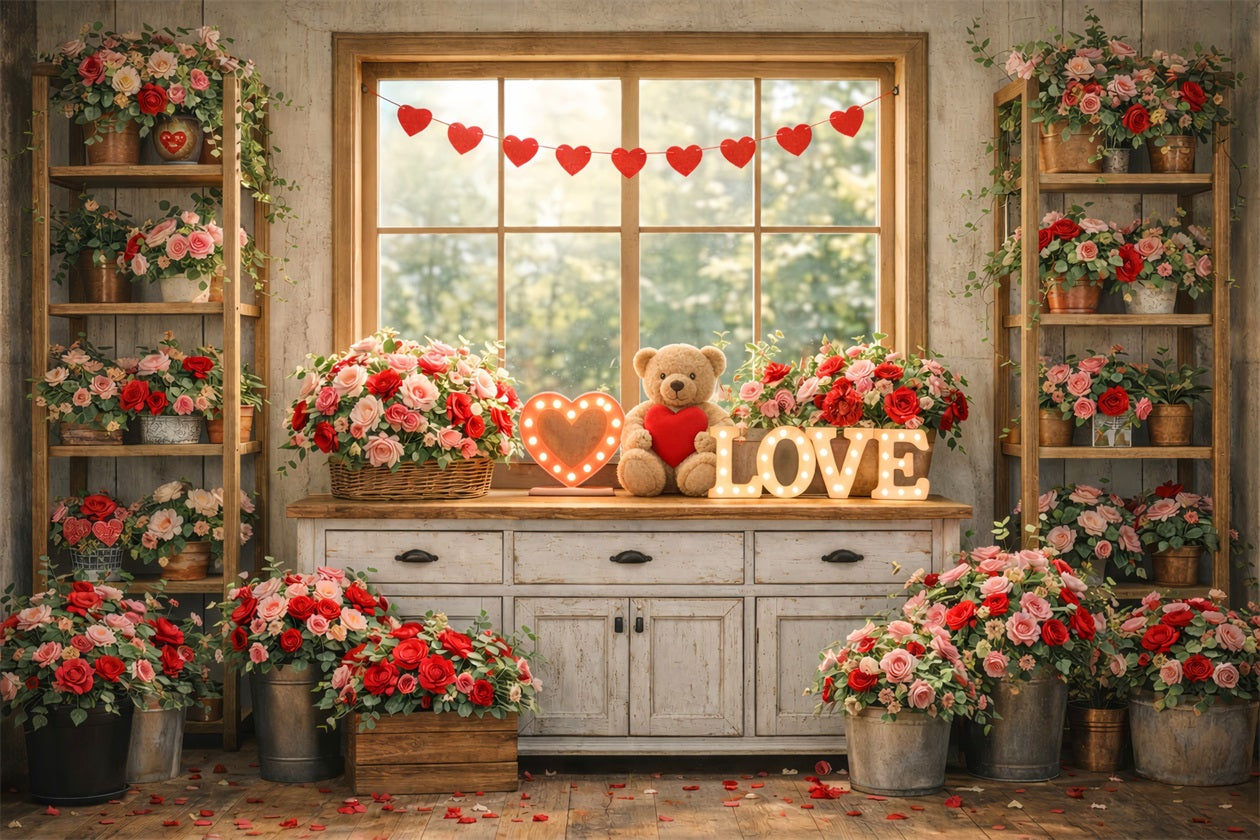 Valentine Photo Backdrop Cozy Window Neon Love Signs Romantic Backdrop UK LXX512-175