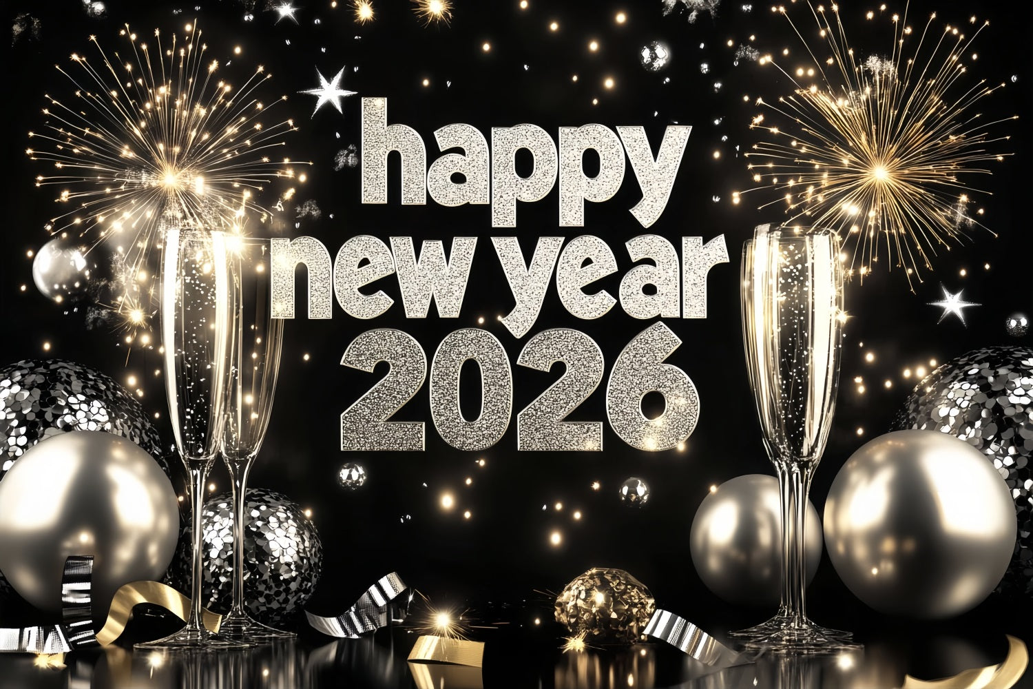 2026 New Year Backdrop Silver Champagne Firework Happy New Year Backdrop UK LXX512-19