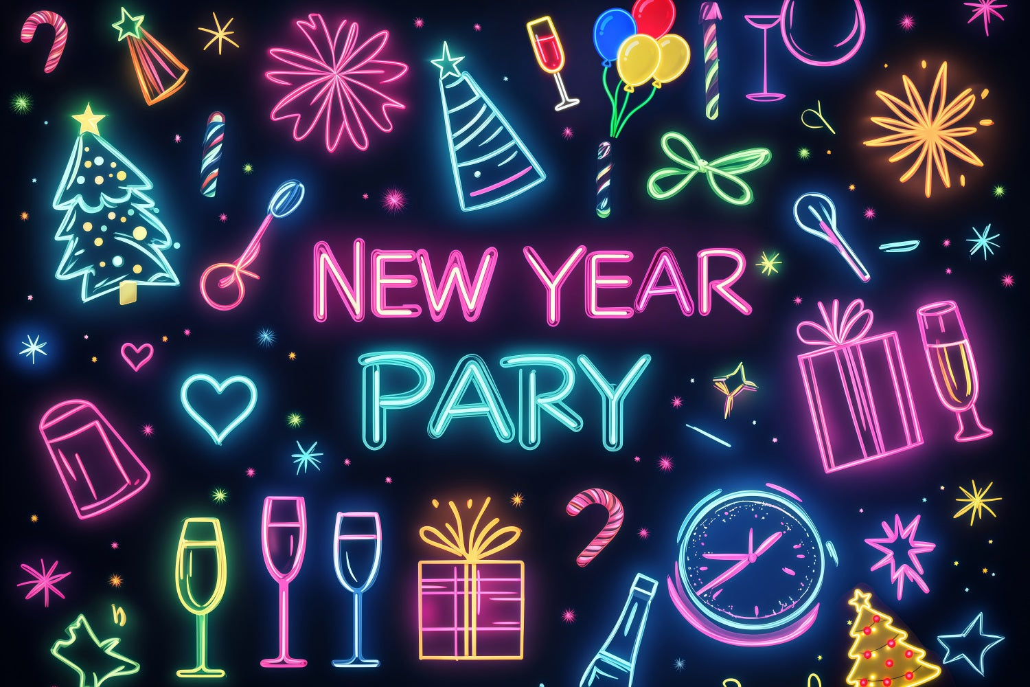 New Year Backdrop Colorful Party Icons Celebration Neon Light Backdrop UK LXX512-2