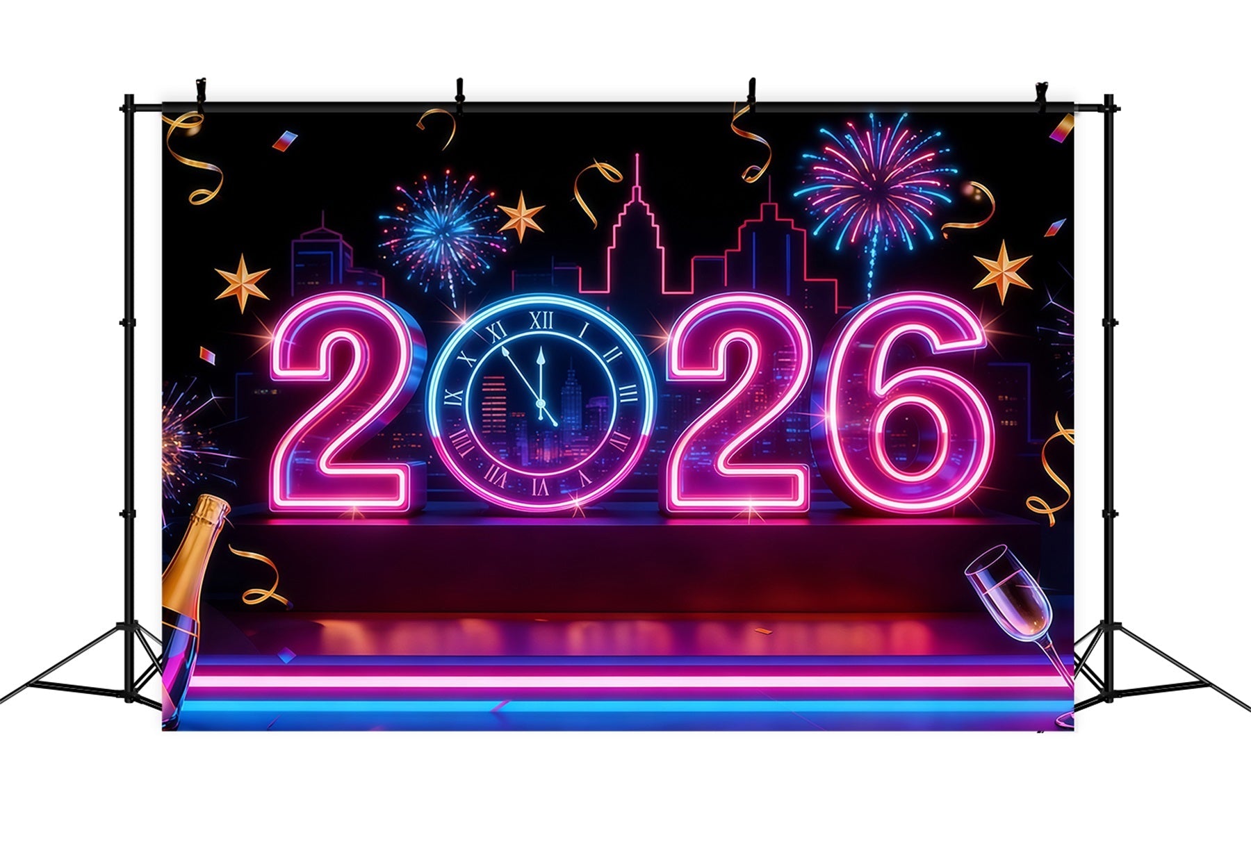 2026 New Year Backdrop Neon Lights Countdown City New Years Eve Backdrop UK LXX512-21
