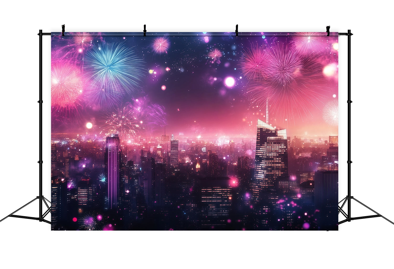 New Years Backdrops Pink Fireworks City Glow Cityscape Photo Backdrop UK LXX512-25