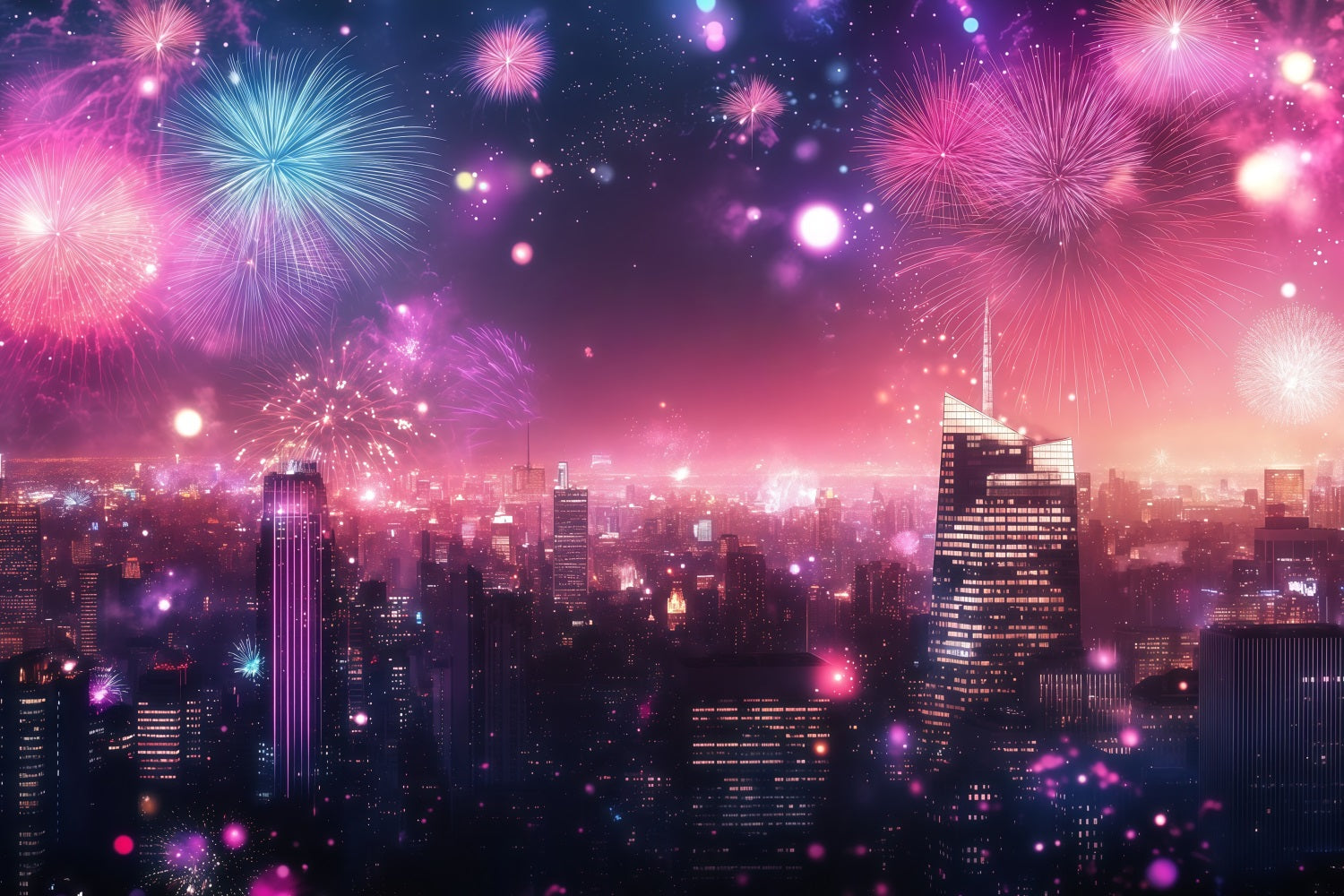 New Years Backdrops Pink Fireworks City Glow Cityscape Photo Backdrop UK LXX512-25