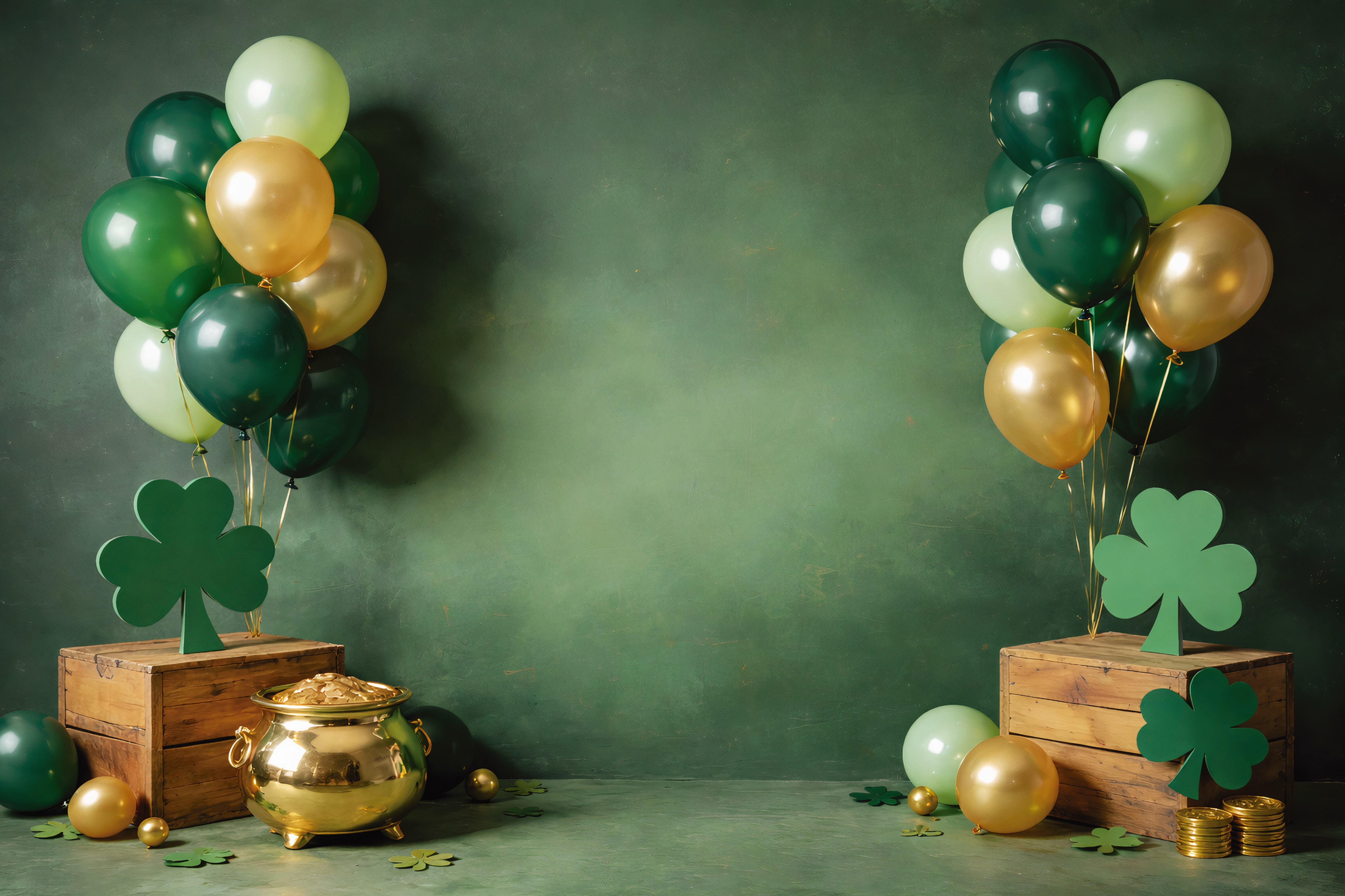 St Patrick's Day Backdrop Shamrock Balloons Gold Cauldron St Patrick Backdrop UK LXX512-26