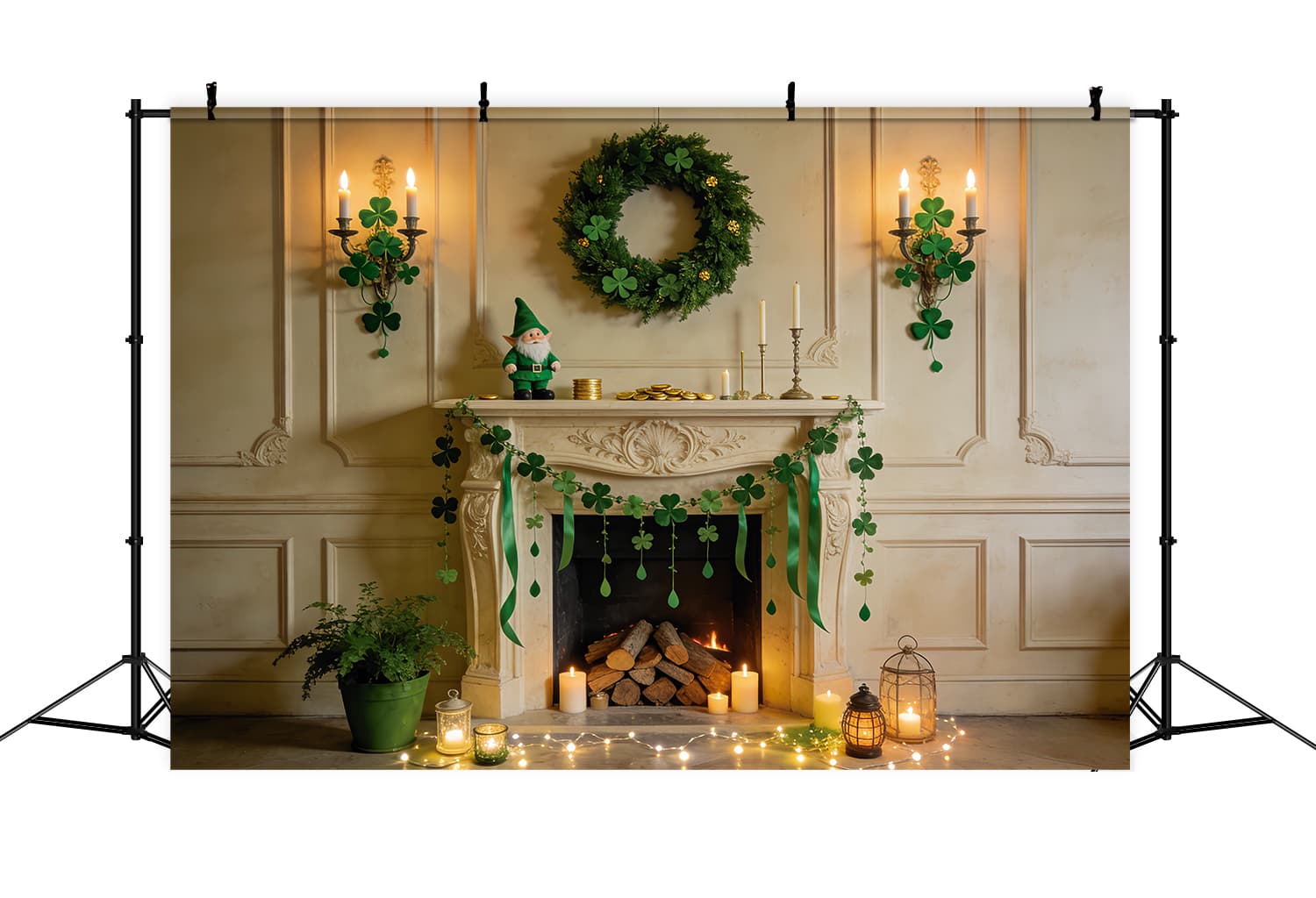St Patrick Backdrop Emerald Fireplace Shamrock Garland St Patricks Day Backdrop UK LXX512-38