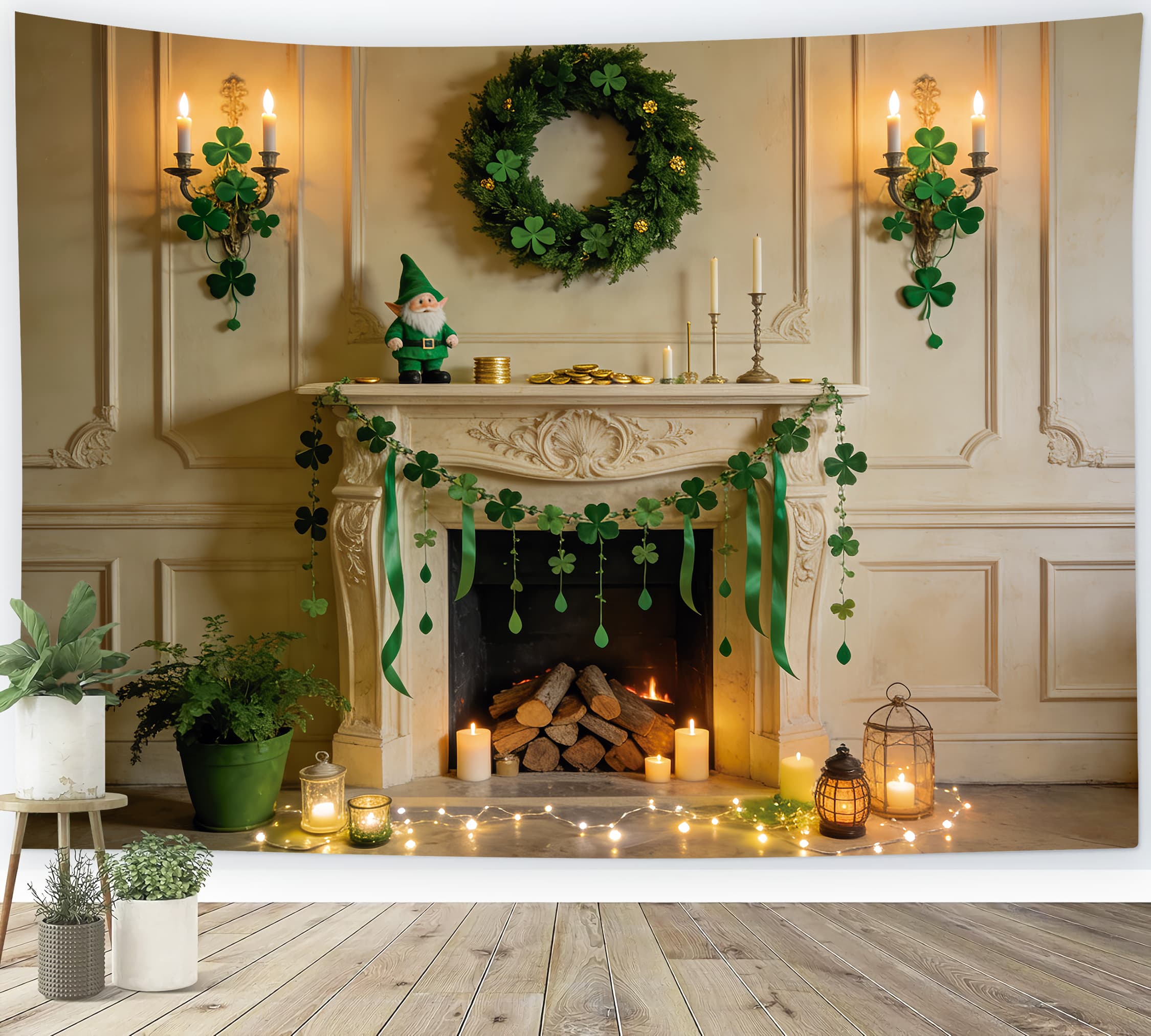 St Patrick Backdrop Emerald Fireplace Shamrock Garland St Patricks Day Backdrop UK LXX512-38