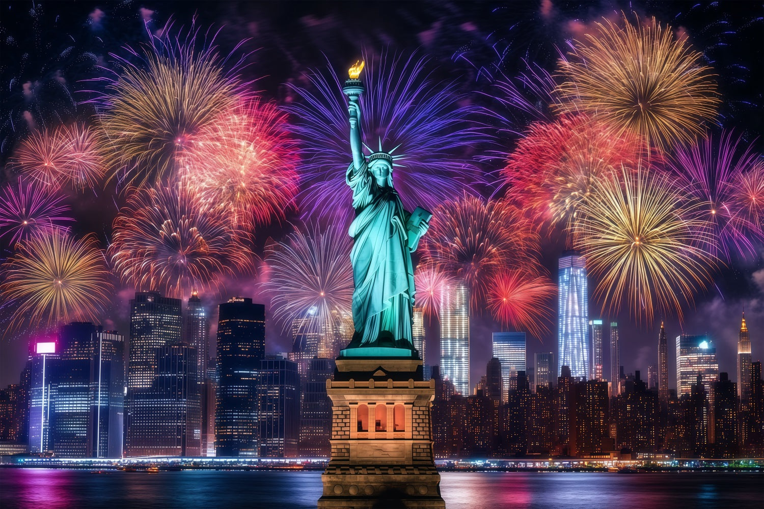 Happy New Year Backdrop Statue Liberty Night Cityscape Fireworks Backdrop UK LXX512-4