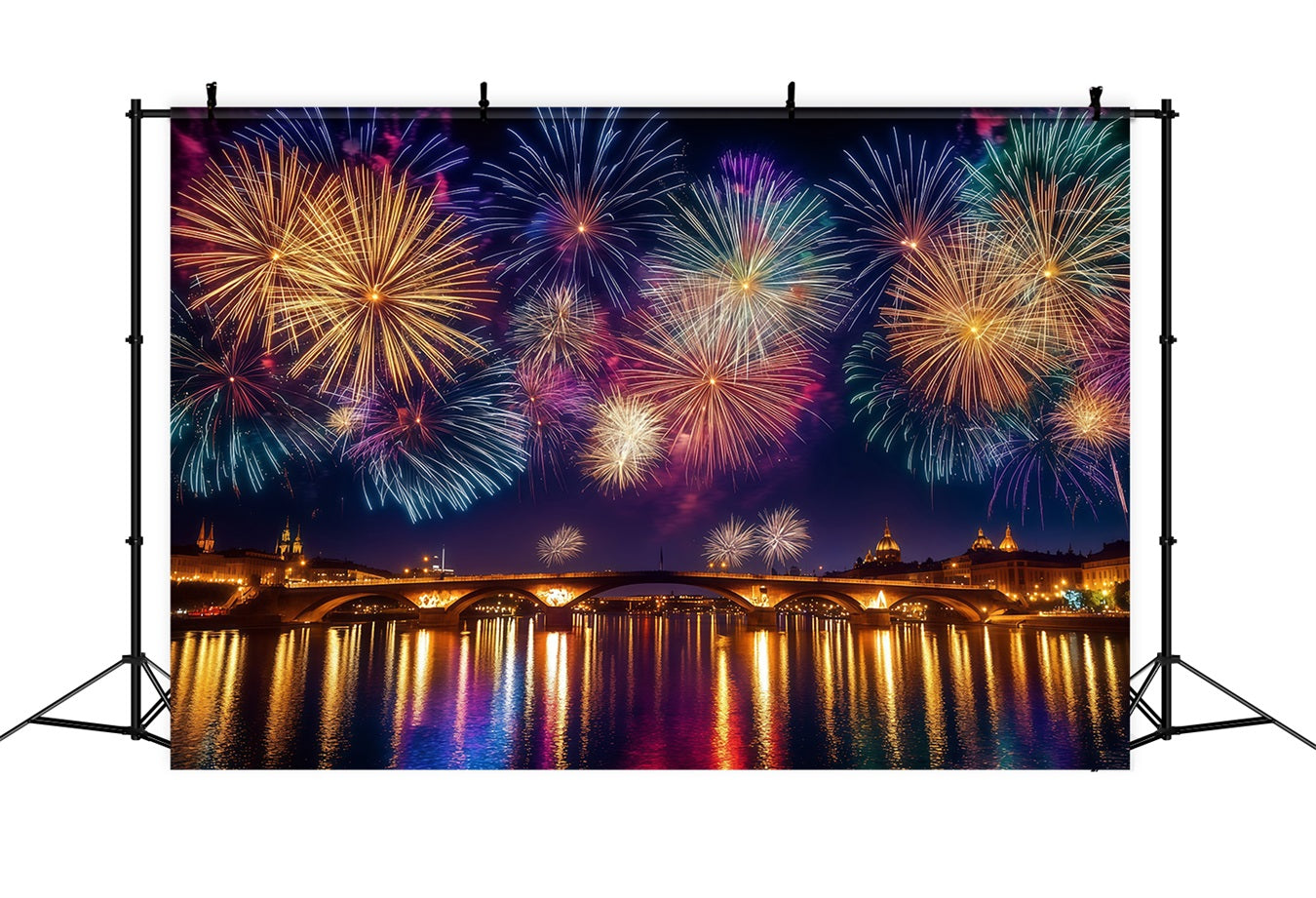 New Years Backdrops City Night River Reflection Fireworks Photo Backdrop UK LXX512-6